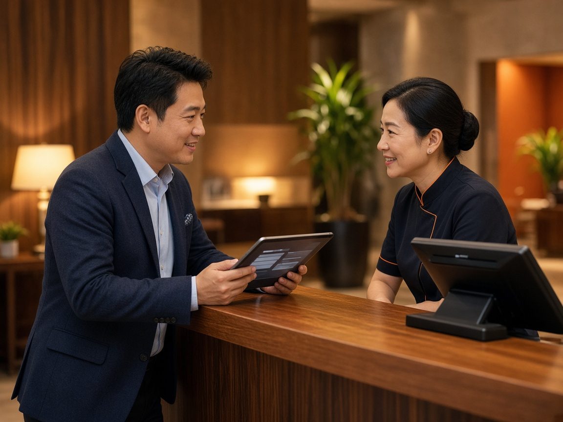 A partner demonstrating the system to a store owner at a foot massage reception desk